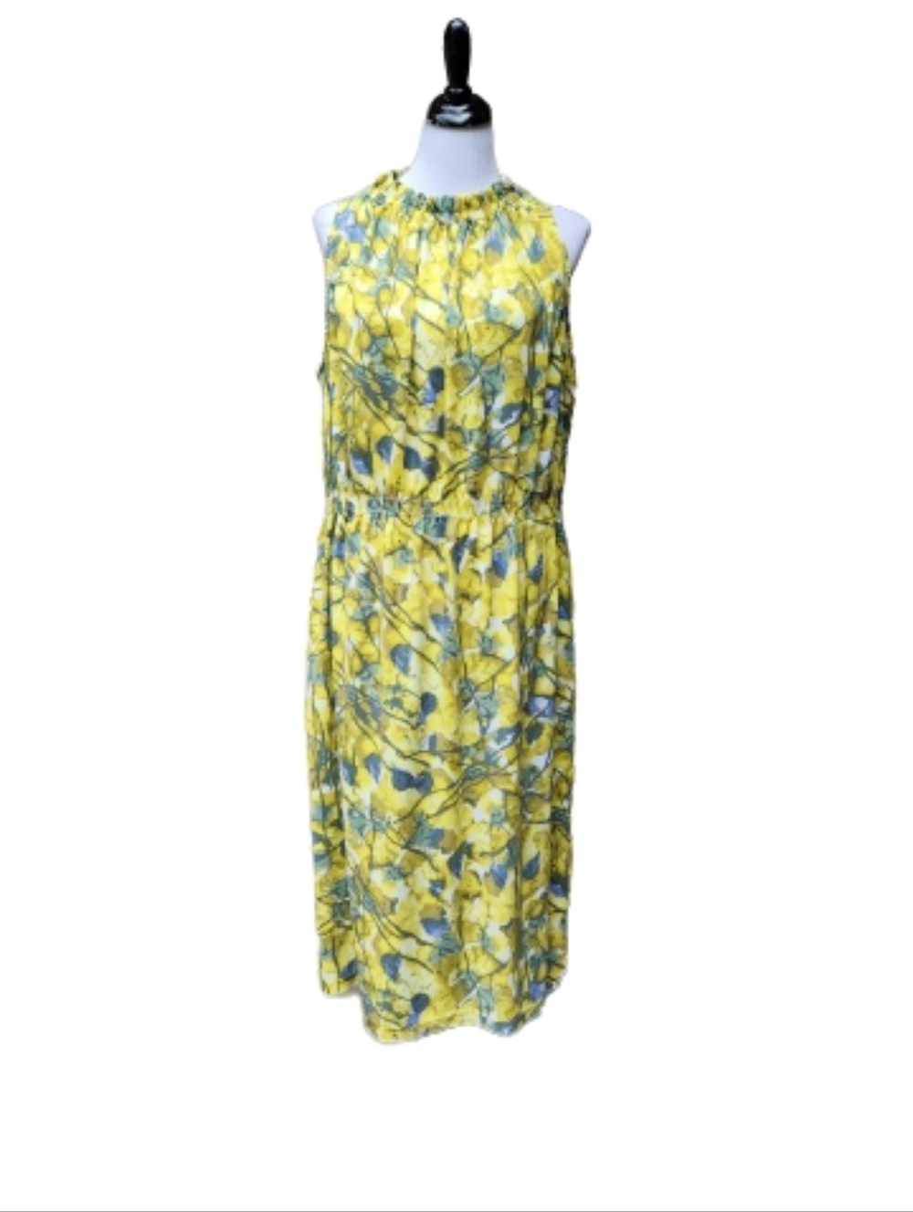 Prologue Plus Midi Dress Yellow Abstract Print Mockneck Sleeveless Stretch